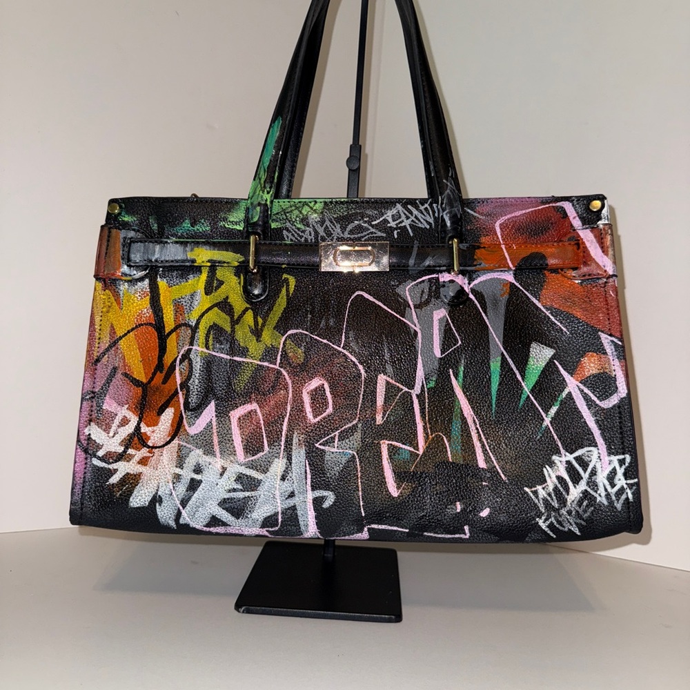 Hand-painted Graffiti Print Black Handbag